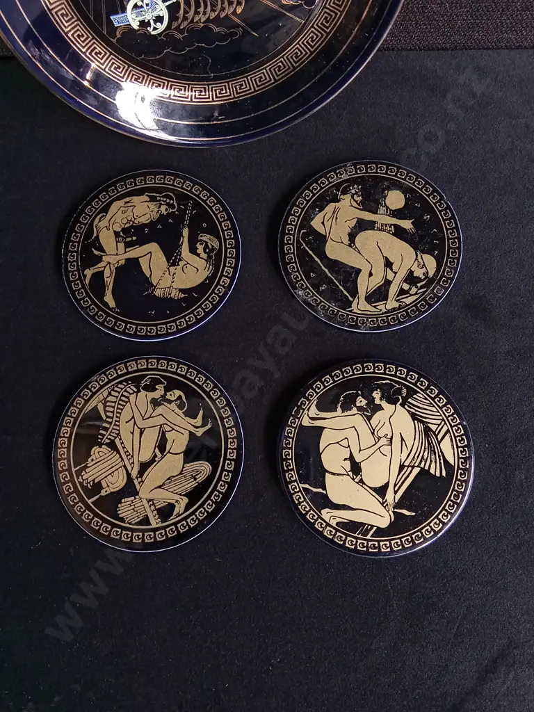 VINTAGE GREEK DECORATIVE PLATE AND SET OF EROTIC COASTERS, LARGEST W 17 CM Image 1++