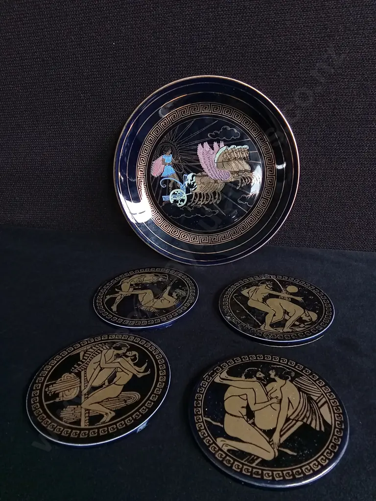 VINTAGE GREEK DECORATIVE PLATE AND SET OF EROTIC COASTERS, LARGEST W 17 CM Image 1++