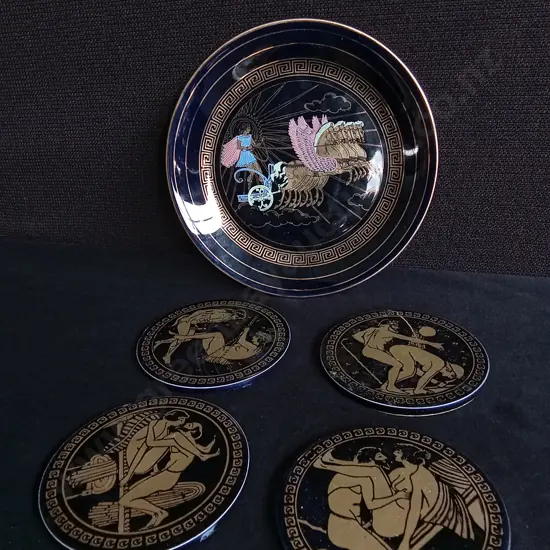 VINTAGE GREEK DECORATIVE PLATE AND SET OF EROTIC COASTERS, LARGEST W 17 CM