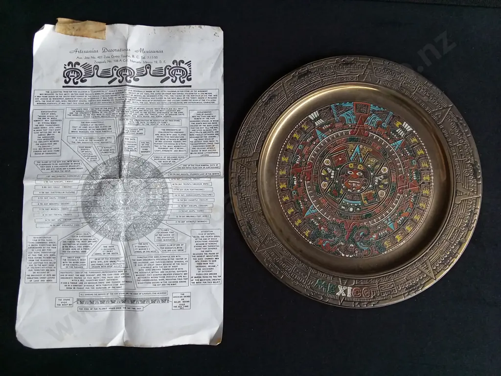 VINTAGE MEXICAN BRASS AND ENAMEL DECORATIVE PLATE, W 28 CM Image 1++