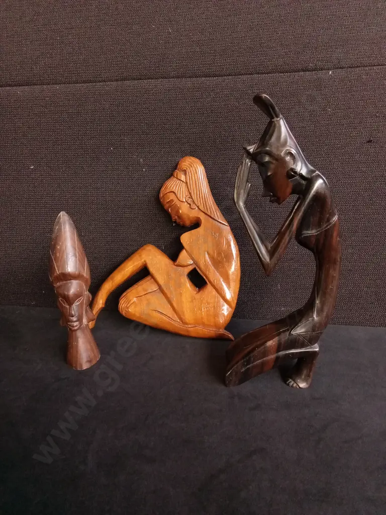 3 PIECES HAND CARVED WOODEN SCULPTURES, TALLEST H 25.5 CM Image 1++