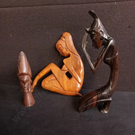 3 PIECES HAND CARVED WOODEN SCULPTURES, TALLEST H 25.5 CM
