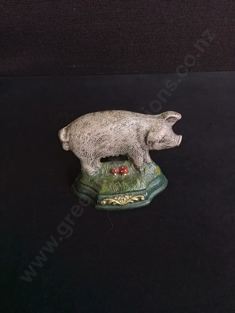 2 PIECES DECORATIVE PIG FIGURINES, CELADON JADE SCULPTURE, AND VINTAGE CAST IRON DOORSTOP, WIDEST W 14.5 CM Image 1++