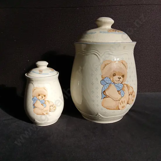 PAIR OF TEDDY BEAR CANNISTERS WITH LIDS, TALLEST H 28 CM