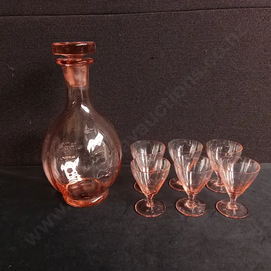 VINTAGE PINK DEPRESSION GLASS LIQUEUR DECANTER SET, TALLEST H 26 CM