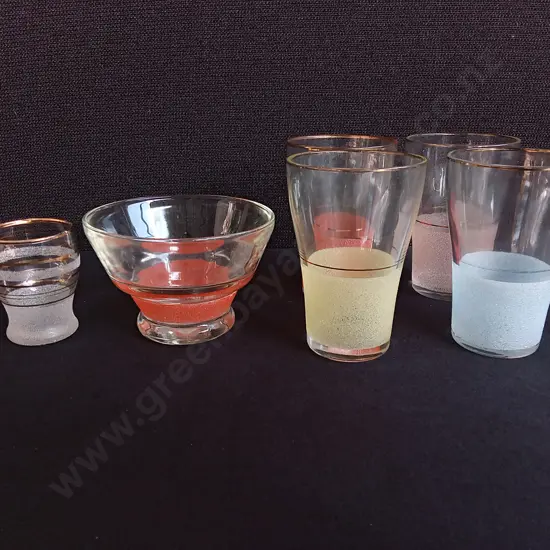 6 PIECES VINTAGE MID CENTURY MODERN SUGAR FROSTED GLASSES, TALLEST H 10 CM