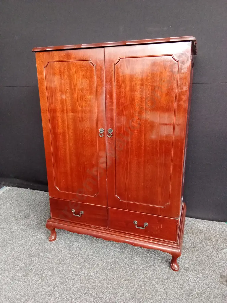 CHERRY WOOD CABINET FEATURING TWO PANEL DOORS AND BOTTOM DRAWS, H 27CM X W 89CM X D 58CM Image 1++