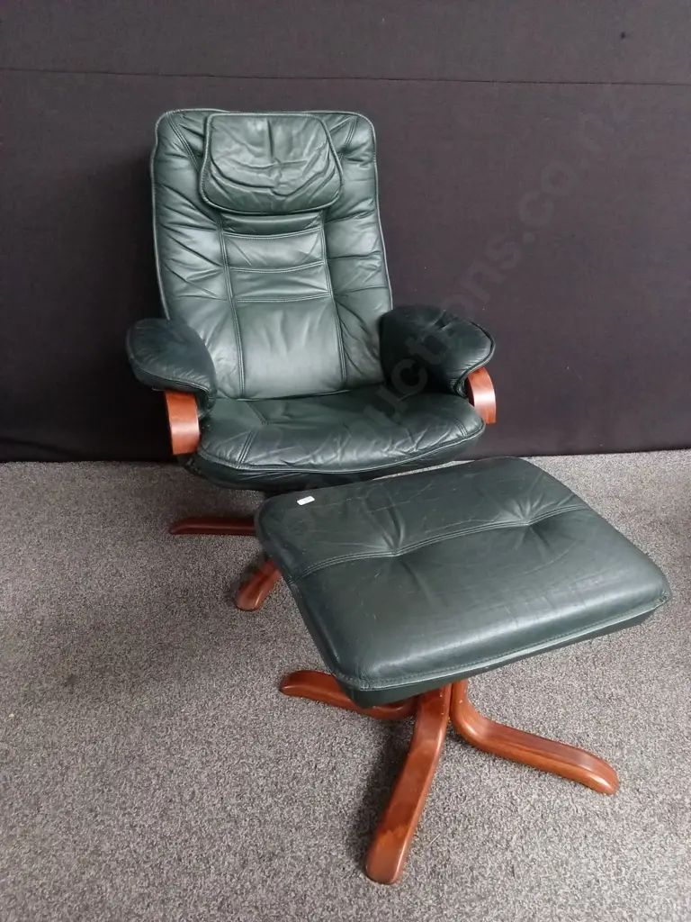 DARK GREEN LEATHER SWIVEL AND MATCHING OTTOMAN, TALLEST H 99 CM Image 1++