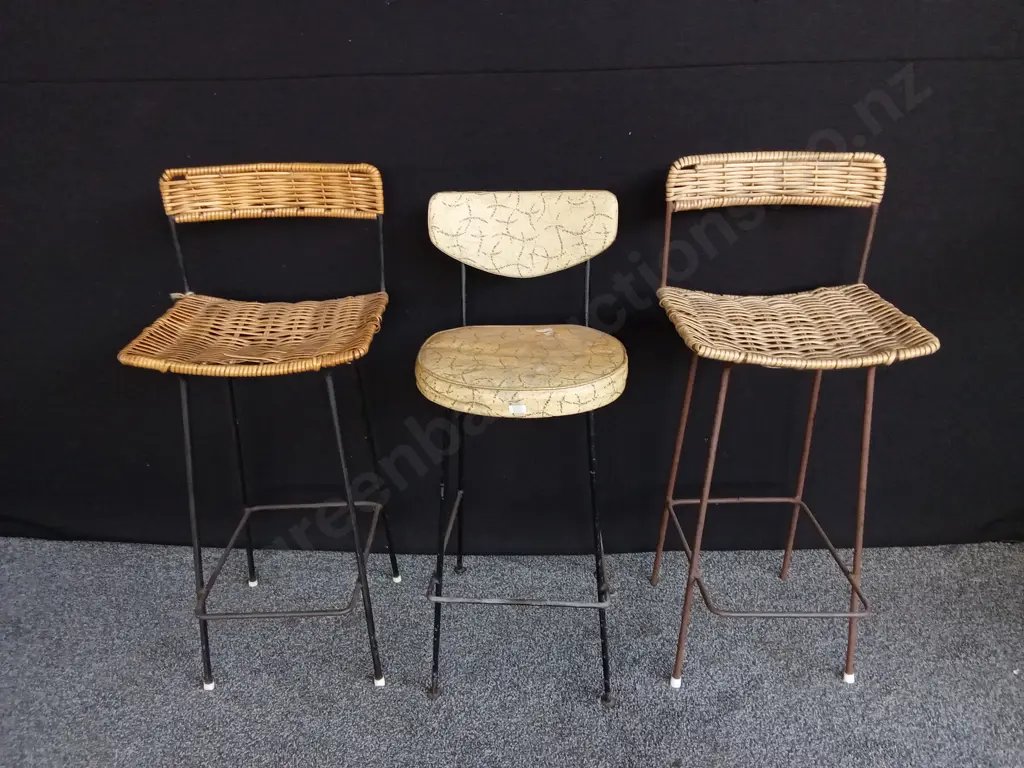 PAIR OF BARSTOOL CHAIRS FEATURING WOVEN SEAT AND BACKREST, AND ONE CUSHIONED STOOL, HEIGHT 93CM Image 1++