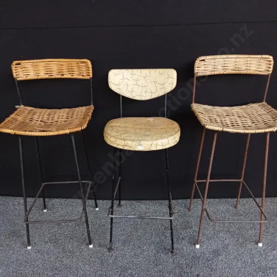 PAIR OF BARSTOOL CHAIRS FEATURING WOVEN SEAT AND BACKREST, AND ONE CUSHIONED STOOL, HEIGHT 93CM