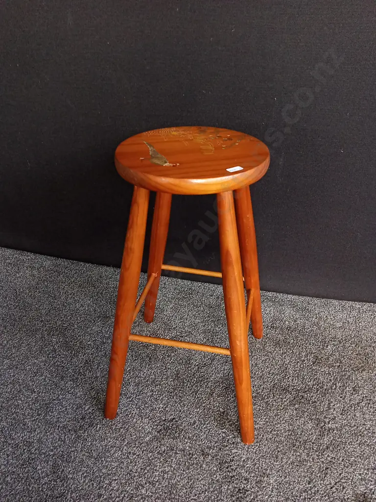 NATURAL WOOD ALPINE STYLE CHALET STOOL WITH DETAILED GRAPHIC ON SEAT H 62 CM Image 1++