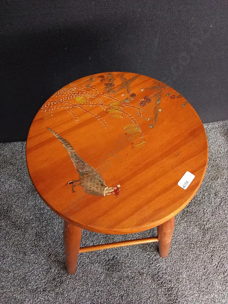 NATURAL WOOD ALPINE STYLE CHALET STOOL WITH DETAILED GRAPHIC ON SEAT H 62 CM Image 1++