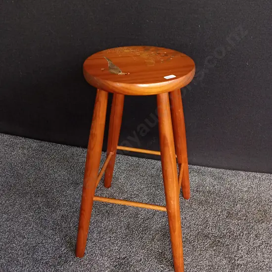 NATURAL WOOD ALPINE STYLE CHALET STOOL WITH DETAILED GRAPHIC ON SEAT H 62 CM