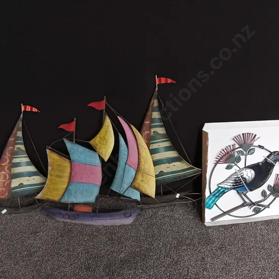 4 METAL WALL DECORATIVE PIECES, TALLEST BOAT IS 65CM