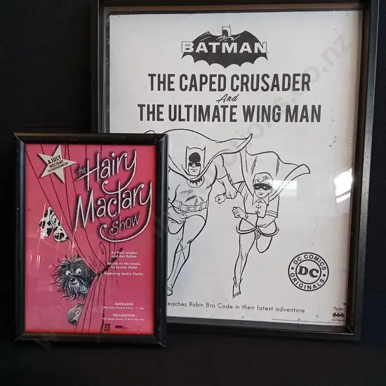 2 FRAMED CARTOON PRINTS, TALLEST H 53 CM X W 42.5 CM
