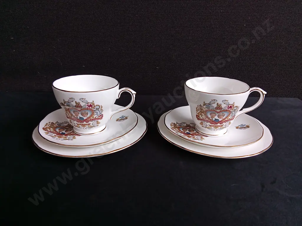 2 VINTAGE DUCHESS BONE CHINA TEACUP AND SAUCERS SETS, COMMEMORATIVE ROYAL FAMILY MEMORABILIA Image 1++