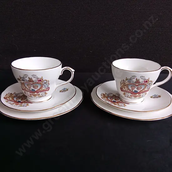 2 VINTAGE DUCHESS BONE CHINA TEACUP AND SAUCERS SETS, COMMEMORATIVE ROYAL FAMILY MEMORABILIA