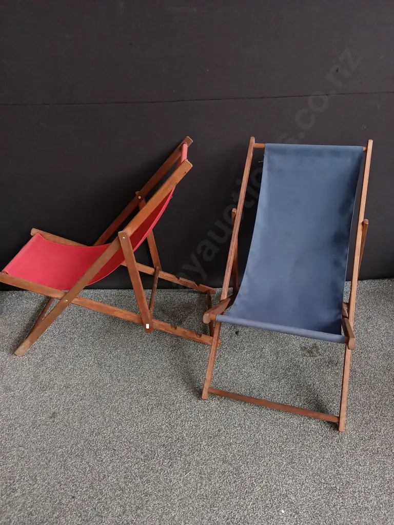 WOODEN ADJUSTABLE DECK CHAIRS WITH FOLDING FRAMES AND FABRIC SLING SEATS Image 1++