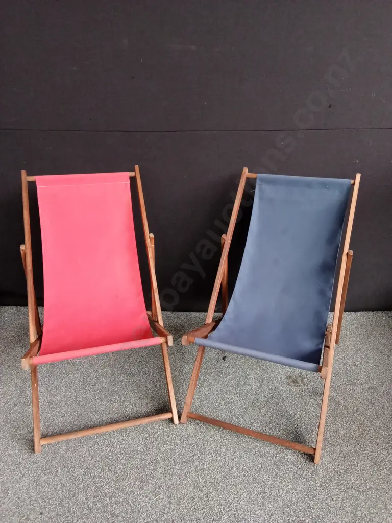 WOODEN ADJUSTABLE DECK CHAIRS WITH FOLDING FRAMES AND FABRIC SLING SEATS Image 1++