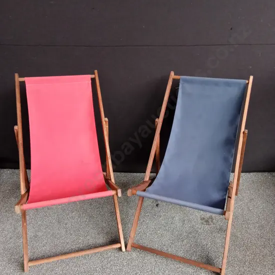 WOODEN ADJUSTABLE DECK CHAIRS WITH FOLDING FRAMES AND FABRIC SLING SEATS