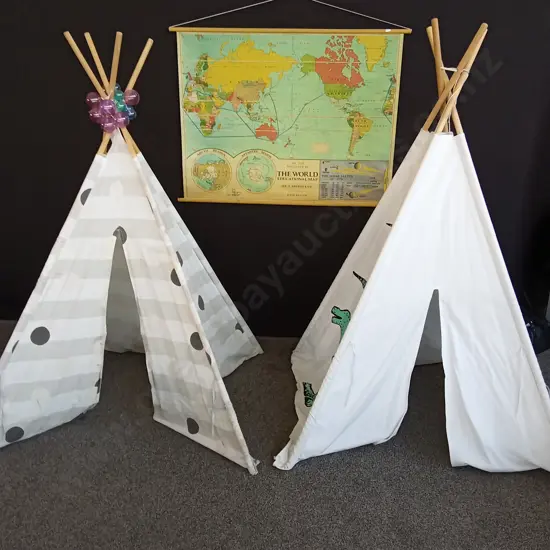 PAIR OF KIDS TEEPEES, WITH WORLD EDUCATIONAL MAP, TEEPEES IS 160CM