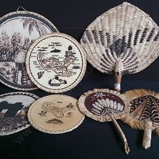 TONGAN TAPA CLOTH WALL HANGINGS AND WOVEN FANS, LARGEST W 42.5 CM