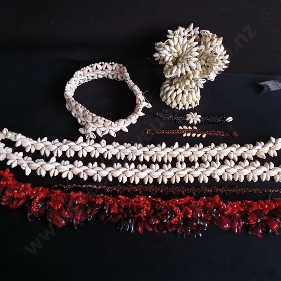 7 PIECES TRADITIONAL TONGAN HANDMADE SEED AND SHELL BRACELETS, TABLE DECOR, AND KAHOA CEREMONIAL GARLANDS