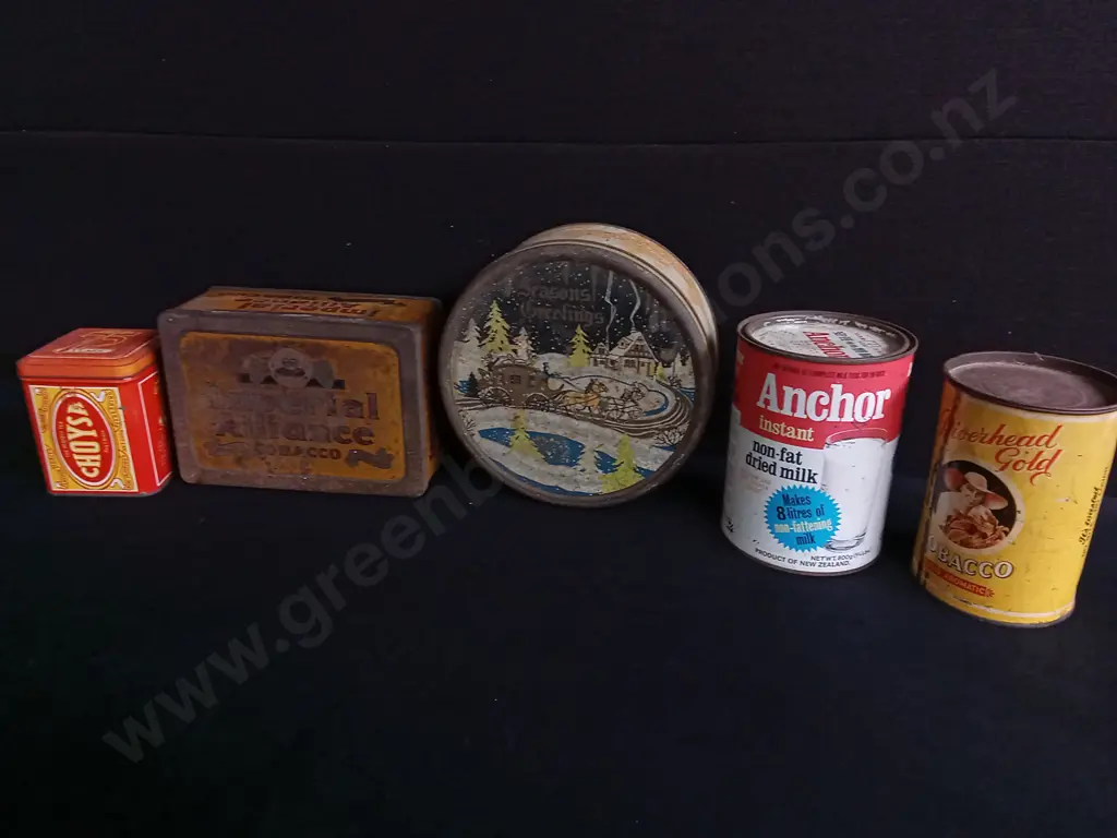 5 VINTAGE NZ ADVERTISING TINS, WIDEST W 22.5 CM Image 1++