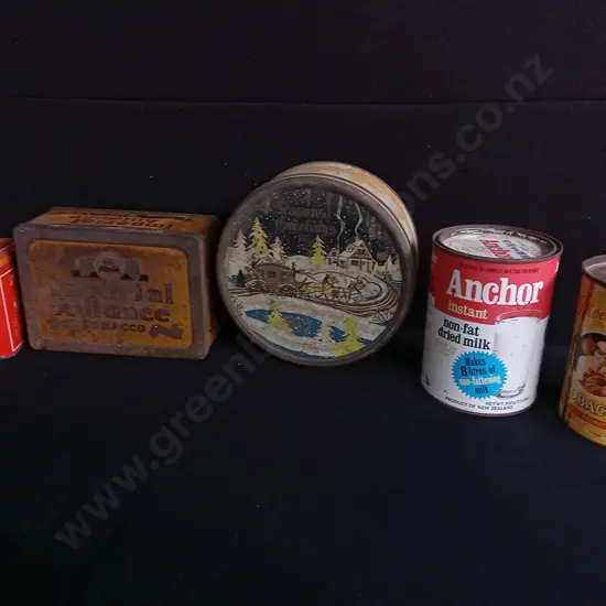 5 VINTAGE NZ ADVERTISING TINS, WIDEST W 22.5 CM