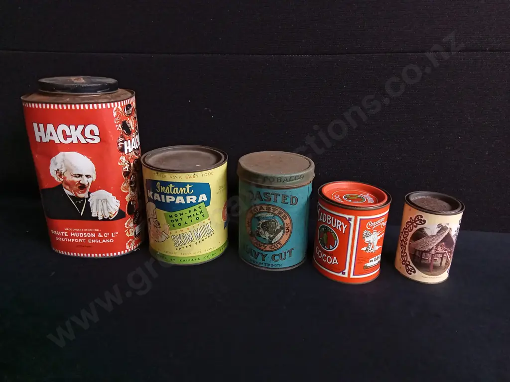 5 VINTAGE ADVERTISING TINS, INCLUDING NZ AND UK CONFECTIONERY, TALLEST H 27 CM Image 1++