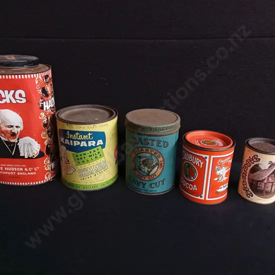 5 VINTAGE ADVERTISING TINS, INCLUDING NZ AND UK CONFECTIONERY, TALLEST H 27 CM