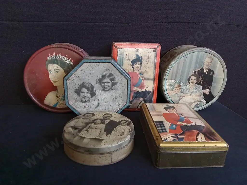 6 VINTAGE BRITISH ROYAL FAMILY COMMEMORATIVE TINS, LARGEST W 23 CM Image 1++