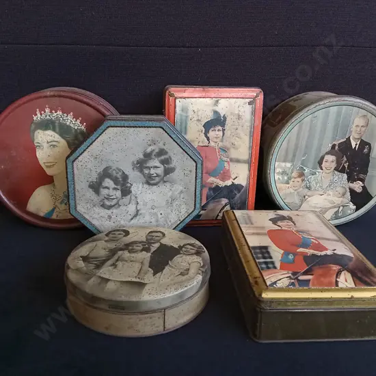 6 VINTAGE BRITISH ROYAL FAMILY COMMEMORATIVE TINS, LARGEST W 23 CM