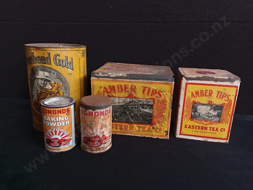 5 VINTAGE NZ ADVERTISING TINS, EDMONDS, AKBER TIPS, RIVERHEAD GOLD, TALLEST 23 CM Image 1++