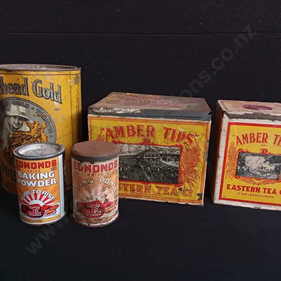 5 VINTAGE NZ ADVERTISING TINS, EDMONDS, AKBER TIPS, RIVERHEAD GOLD, TALLEST 23 CM