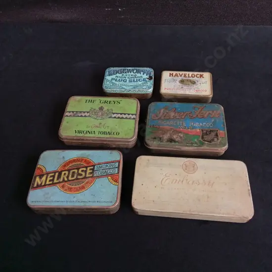 6 VINTAGE NEW ZEALAND MADE TOBACCO TINS, WIDEST W 13.5 CM