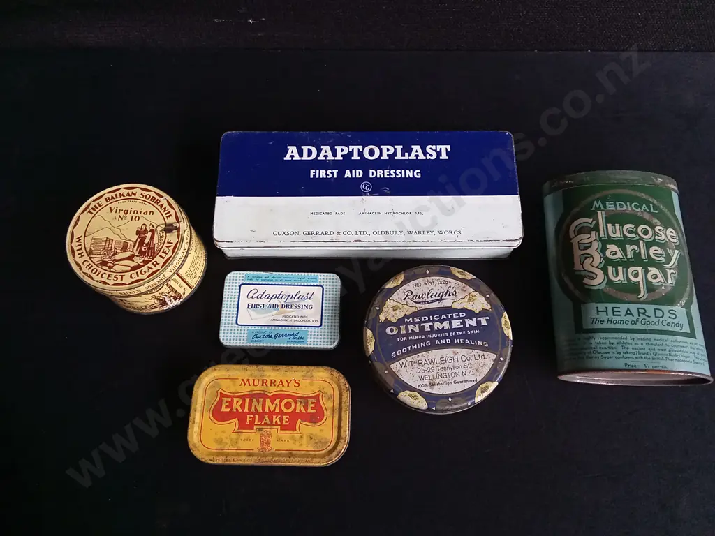 6 VINTAGE TINS, INCLUDING FULL RAWLEIGH'S MEDICATED OINTMENT, WIDEST W 20.5 CM Image 1++