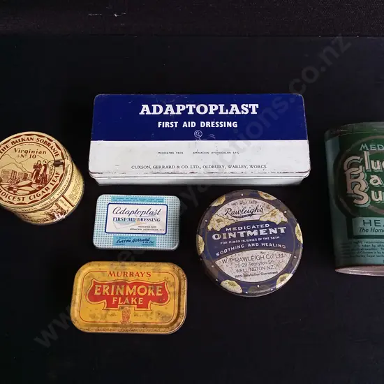 6 VINTAGE TINS, INCLUDING FULL RAWLEIGH'S MEDICATED OINTMENT, WIDEST W 20.5 CM