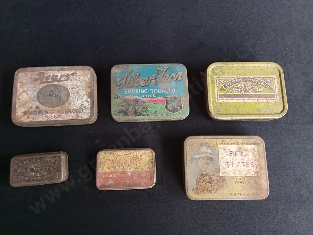 6 NEW ZEALAND MADE VINTAGE TOBACCO AND CIGARETTE TINS, WIDEST W 11 CM Image 1++