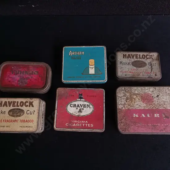 6 VINTAGE CIGARETTE TINS, WIDEST W 11 CM