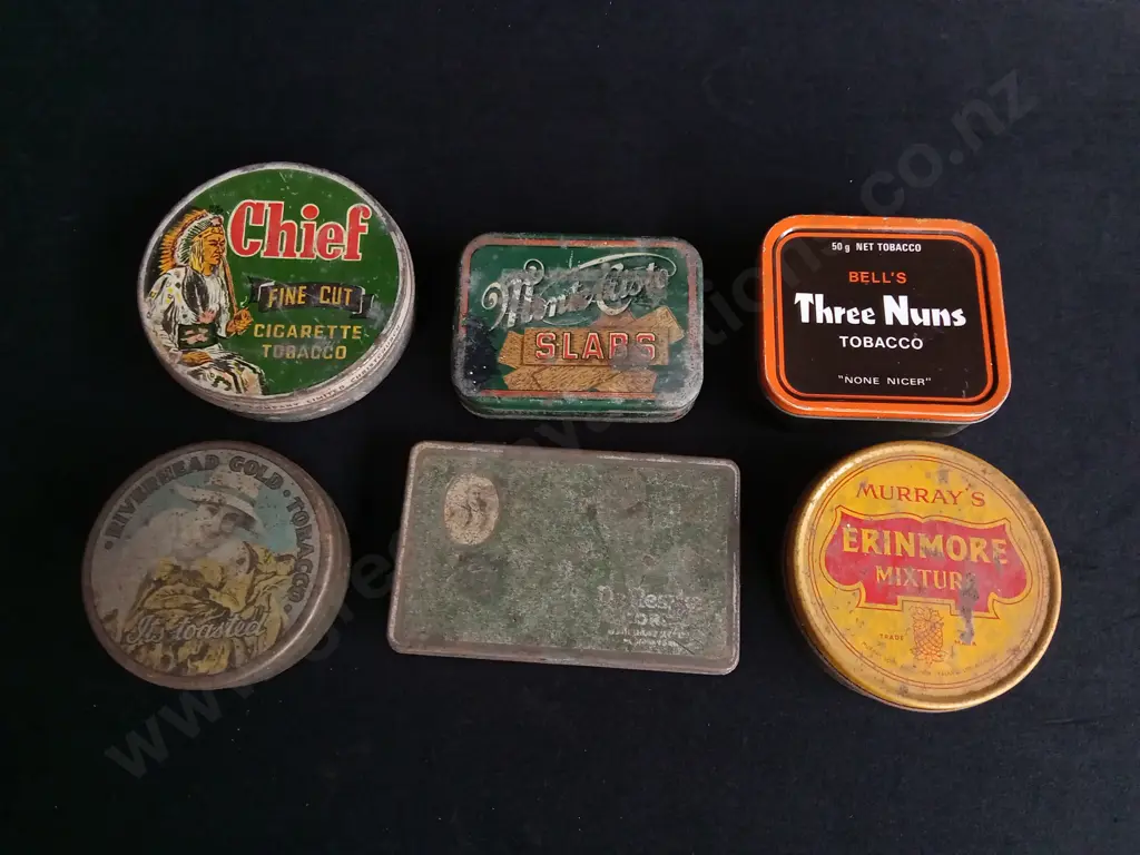 6 VINTAGE TOBACCO TINS, WIDEST W 12.5 CM Image 1++
