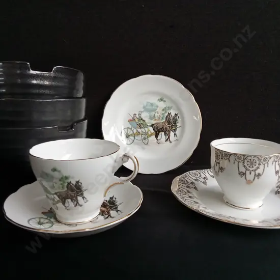 COLLECTION OF VINTAGE DINING PIECES, INCLUDING BONE CHINA TEACUP SETS,