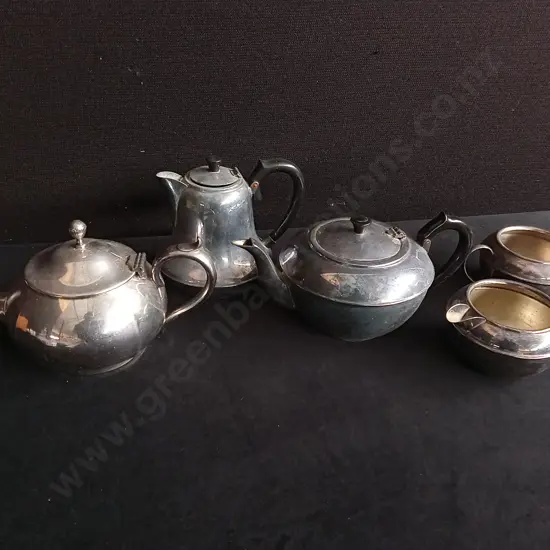 5 PIECES VINTAGE EPNS AND SILVER PLATED TEA SERVICE ITEMS, TALLEST H 15 CM
