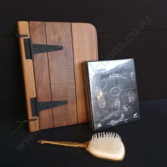 VINTAGE BRUSH, WOODEN PHOTO ALBUM, AND ALL BLACKS MEDIA GUIDE,  TALLEST H 36 CM