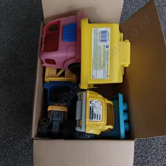 BOX OF PLASTIC TOY TRUCKS