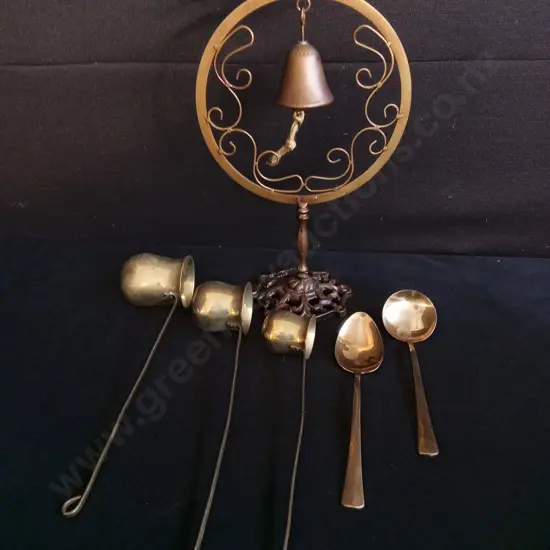 VINTAGE BRASS ITEMS, HANGING BELL ON CIRCULAR STAND, PUNCH SET, AND SERVING SPOONS, 6 PIECES, TALLEST H 47.5 CM