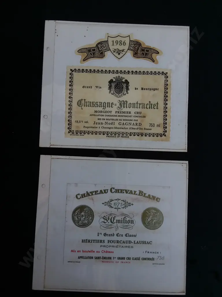 PAIR OF VINTAGE FRENCH WINE LABELS, 1975 CHÂTEAU CHEVAL BLANC, AND 1986 CHASSAGNE-MONTRACHET JEAN NOËL GAGNARD Image 1++