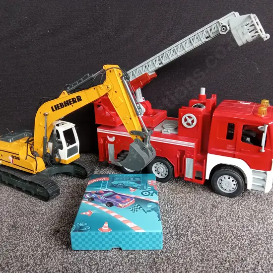 COLLECTION OF VEHICLE MODELS, FIRETRUCK, EXCAVATOR AND PIT STOP CARD SET, FIRETRUCK IS 48CM LONG