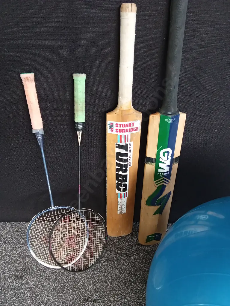 COLLECTION OF SPORTS EQUIPMENT, 2 CRICKET BATS, 2 BADMINTON RACKETS, AND EXERCISE BALL Image 1++