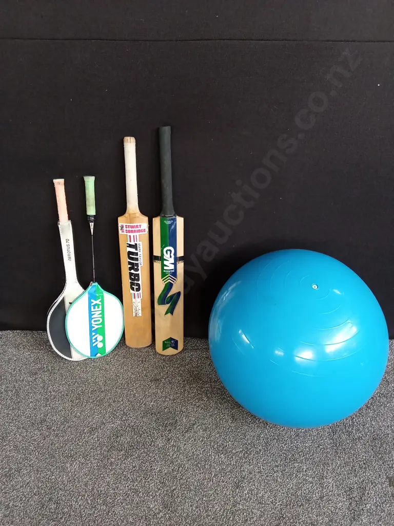 COLLECTION OF SPORTS EQUIPMENT, 2 CRICKET BATS, 2 BADMINTON RACKETS, AND EXERCISE BALL Image 1++